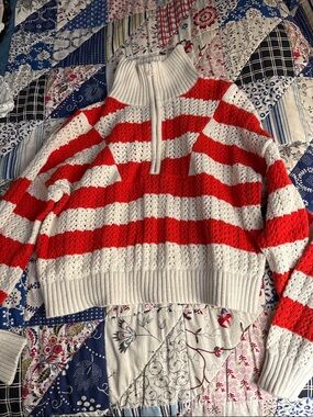 a new day Red and White Striped Half-Zip Turtleneck Sweater